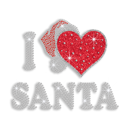 I Love Santa & Christmas Hat Iron-on Glitter Rhinestone Transfer