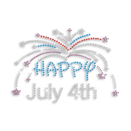 Happy July 4th & Fireworks Iron-on Rhinestone Transfer