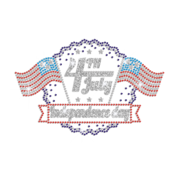 Glittering July 4th with Two American Flags Iron on Rhinestone Transfer