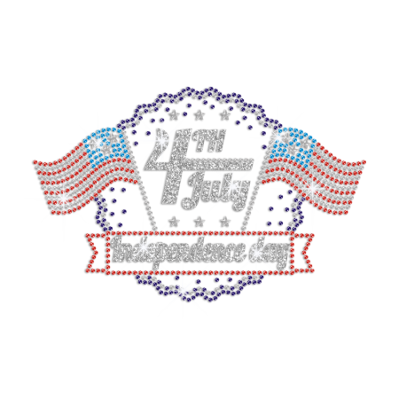 Glittering July 4th with Two American Flags Iron on Rhinestone Transfer