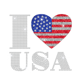 Glittering Heart with American Flag Design Iron on Rhinestone Transfer Decal