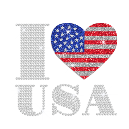 Glittering Heart with American Flag Design Iron on Rhinestone Transfer Decal