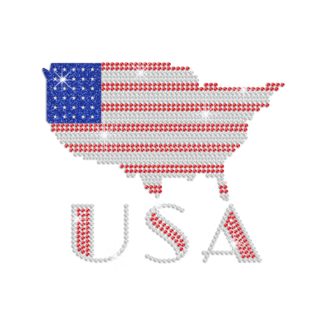 American Map with Bling USA Iron on Glitter Rhinestone Transfer Motif