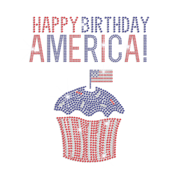 Happy Birthday America Bling Cupcake Iron on Rhinestone Transfer Decal