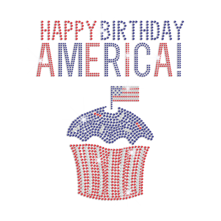 Happy Birthday America Bling Cupcake Iron on Rhinestone Transfer Decal