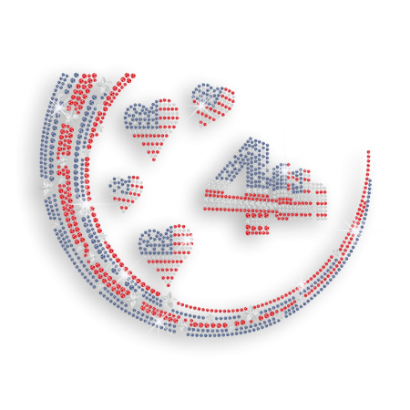 4th of July with American Flag Hearts Iron on Rhinestone Transfer Decal
