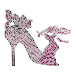Best Shinning Rhinestud Pink Dress Lady with High Heels Iron on Transfer Design for Garments