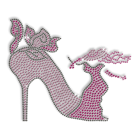 Best Shinning Rhinestud Pink Dress Lady with High Heels Iron on Transfer Design for Garments