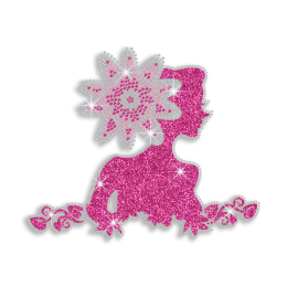 Pink Lady Bust with Flowery Hair Iron-on Glitter Rhinestone Transfer