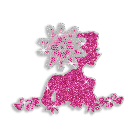 Pink Lady Bust with Flowery Hair Iron-on Glitter Rhinestone Transfer