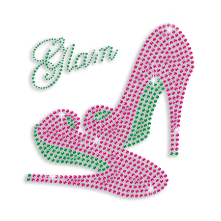 Magic Show Rose Pink & Emerald High Heels Iron on Rhinestone Transfer