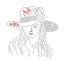 Butterfly Lady in Waved Hat Iron on Rhinestone Transfer