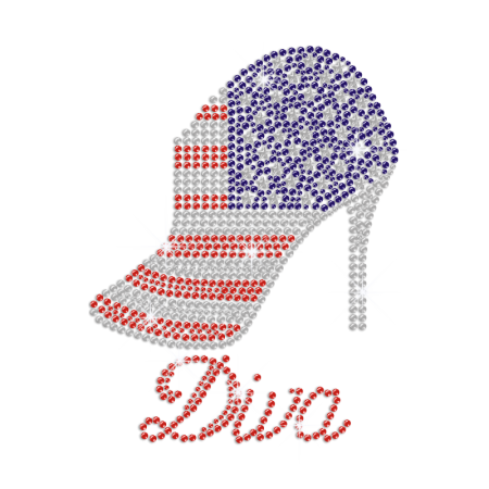 Bling American Flag Diva High Heel Iron on Rhinestone Transfer