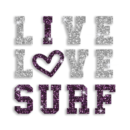 Bling Live Love Surf Hotfix Glitter Iron on Transfer