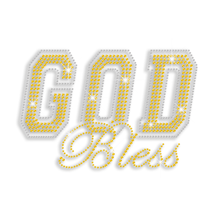 Bling Yellow God Bless Iron on Rhinestone Transfer