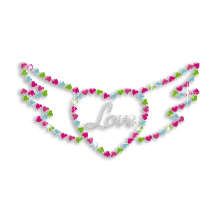 Cutsy Love Heart with Wings Iron-on Nailhead Rhinestone Transfer