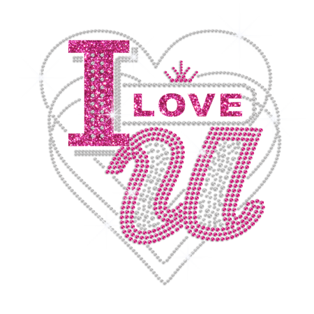 Pink I Love You & Crystal Heart Design Iron-on Rhinestone Transfer