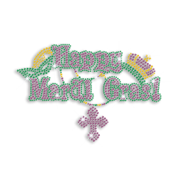 Strass Hotfix Transfer Happy Mardi Gras Crown and Cross