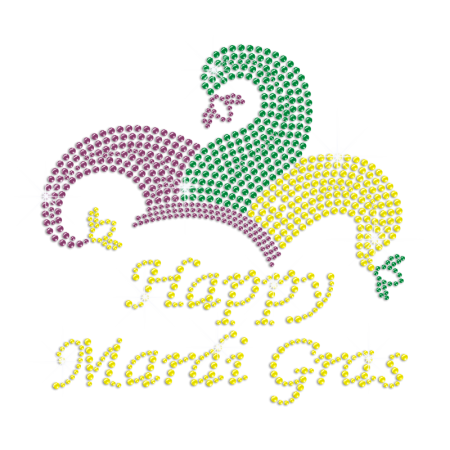 Bright Yellow Happy Mardi Gras Iron on Bling Transfer