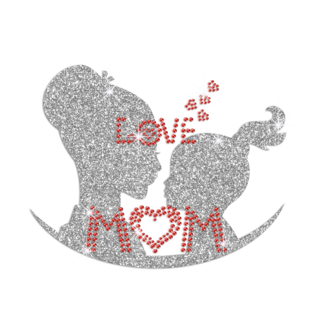 Love Mom Glittering Mom And Daughter Iron on Rhinestone Transfer Decal