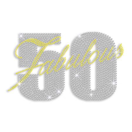 Custom Best Shinning Big Fabulous 50 in Crystal and Yellow Diamante Iron on Transfer Motif for Shirts