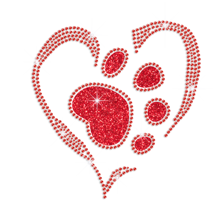 Red Paw in the Heart Iron-on Glitter Rhinestone Transfer