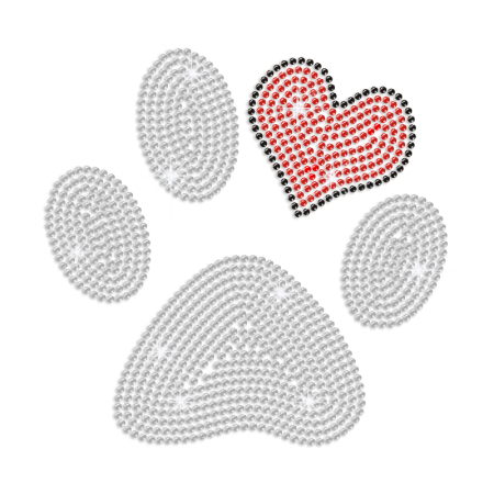 Cute Paw Print & Heart Iron-on Rhinestone Transfer