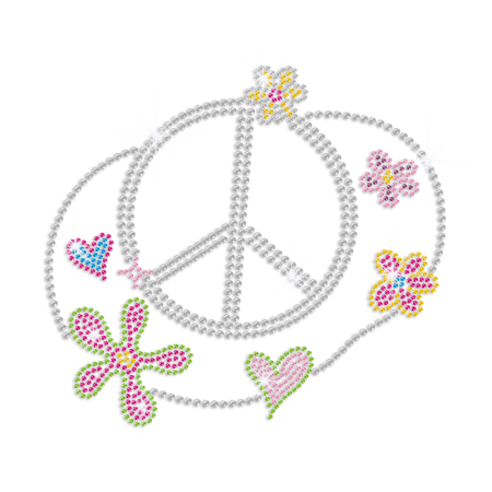 Cute Peace Love Flowers Iron-on Rhinestone Transfer