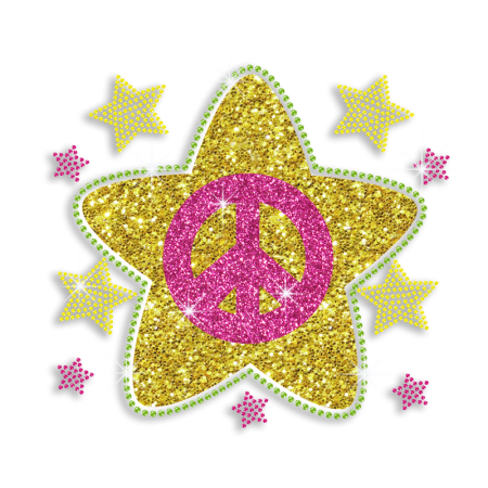 Vegas Show Cute Peace Sign with Stars Glitter Iron on Rhinestone Transfer