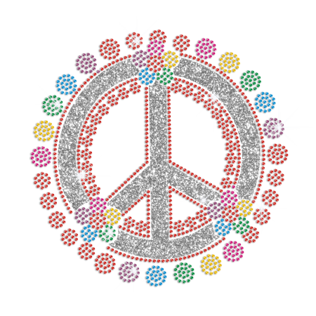 Colorful Flowers & Peace Sign Iron on Rhinestone Transfer