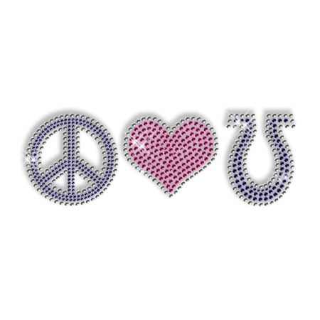 Shining Rhinestone Transfer Iron ons Pink and Purple Peace Love Motif For Clothes