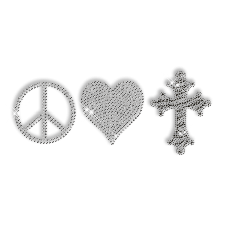 Best Custom Shinning Peace Love Cross in Crystal and Black Rhinestone Iron on Transfer Design