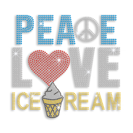 Colorful Peace Love Ice Cream Iron on Rhinestone Transfer