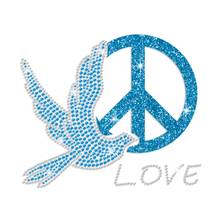 Pretty Teal Peace Dove Iron-on Glitter Rhinestone Transfer