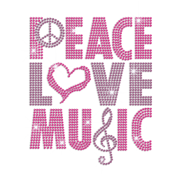 Pink Peace Love Music Iron on Rhinestone Transfer