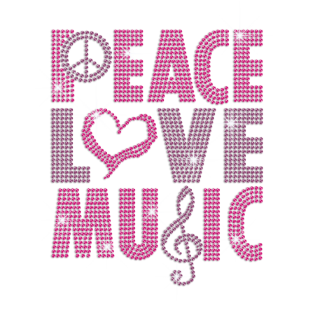 Pink Peace Love Music Iron on Rhinestone Transfer