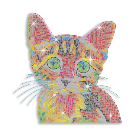 Vegas Show Colorful Cute Cat Iron-on Rhinestone Transfer