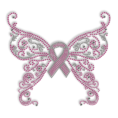 Custom Cheap Pink Ribbon with Butterfly Diamante Hotfix Design