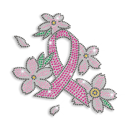 Pink Ribbon in Flowers Iron-on Rhinestone Transfer