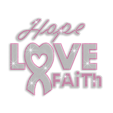 Lovely Pink Ribbon Hope Love Faith Iron-on Rhinestone Transfer