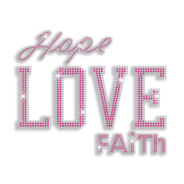 Pink Ribbon Hope Love Faith Iron on Rhinestone Transfer