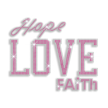 Pink Ribbon Hope Love Faith Iron on Rhinestone Transfer