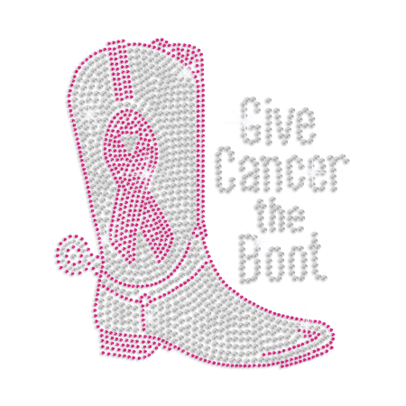 Pretty Cancer Boot Pink Ribbon Iron-on Rhinestone Transfer