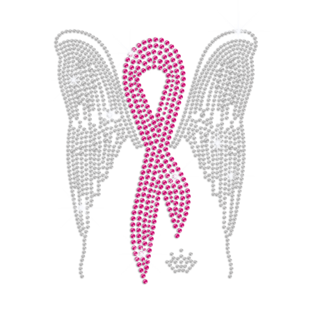 Pink Ribbon with Crystal Wings Iron-on Rhinestone Transfer