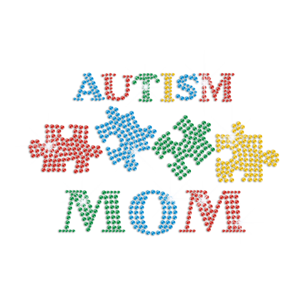 Autism Mom with Colorful Puzzle Iron on Rhinestone Transfer Decal