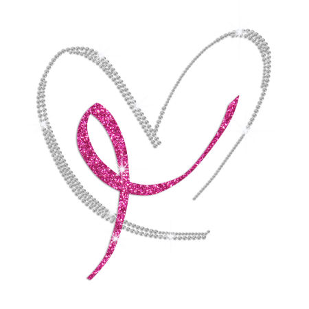 Glittering Pink Ribbon with Bling Heart Rhinestone Iron On