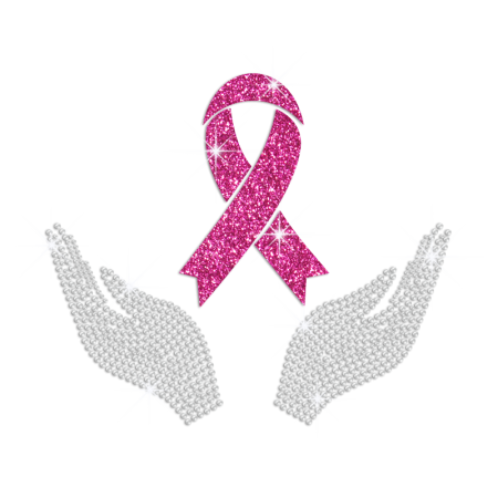 Pink Ribbon Held by Hands Rhinestone Transfer Decal