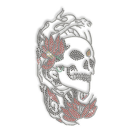 Custom Cool Sparkling Black Skull Surrounded by Red Lotus Rhinestone Iron on Transfer Design for Shirts