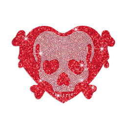 Red Skull in Heart Glitter Nailhead Iron-on Transfer