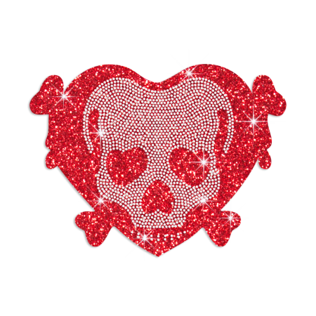 Red Skull in Heart Glitter Nailhead Iron-on Transfer